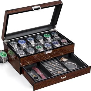 BEWISHOME High-End Watch Box, 12-Slot Watch Case with Large Glass Lid, 2-Layer Wooden Watch Box for Men, Watch Organizer Watch Storage Holder for Men Brown SSH02Y