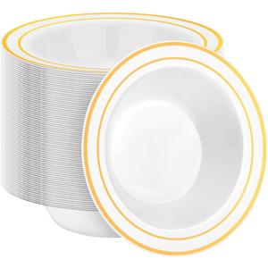 BESTSTAR 100 Pack Disposable Soup Bowls with Gold Rim, 12oz Premium Heavy Duty Plastic Dinner Bowls for Party, Wedding and Holiday