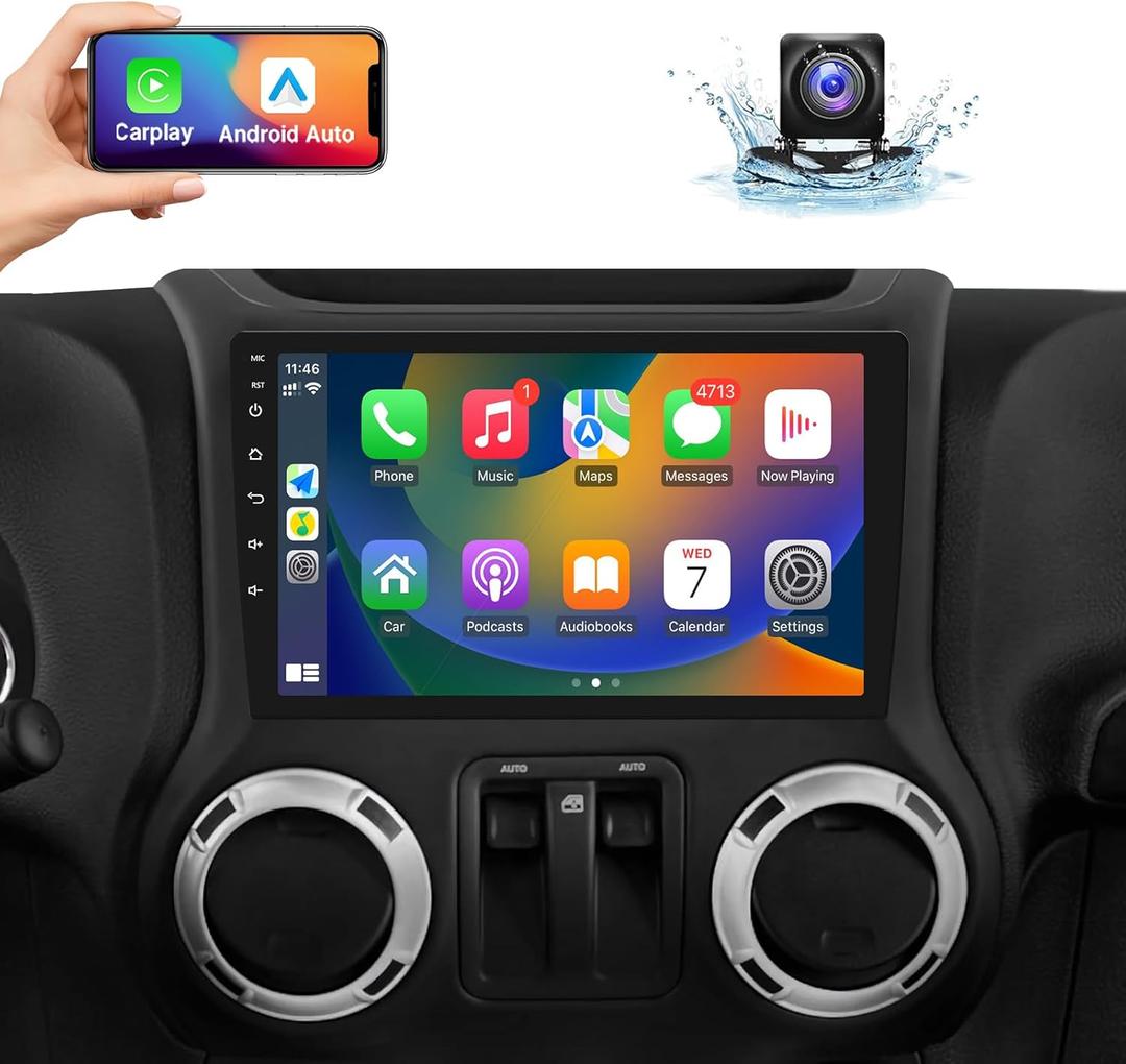 Naifay Android Car Radio Stereo for Jeep Wrangler JK Compass Grand Cherokee Dodge Ram 1500 with CarPlay Android Auto, 2+32G Touchscreen Car Radio Bluetooth/in Dash GPS Navigation/WiFi/SWC/Camera