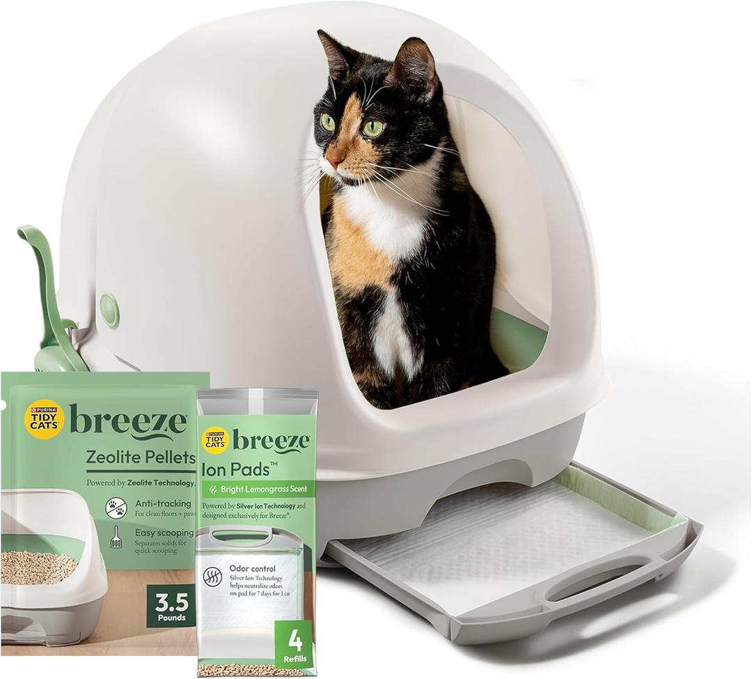 Purina Tidy Cats Breeze Covered Cat Litter Box System Kit with Pellet Cat Litter, Hooded Litter Box, and Litter Box Pads
