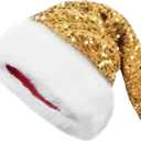 IZUS Women Men Christmas Santa Hat Velvet Red Hats with Fluffy Plush White Brim/Pom for Xmas New Years Holidays Party (One Size, Sequins-gold)