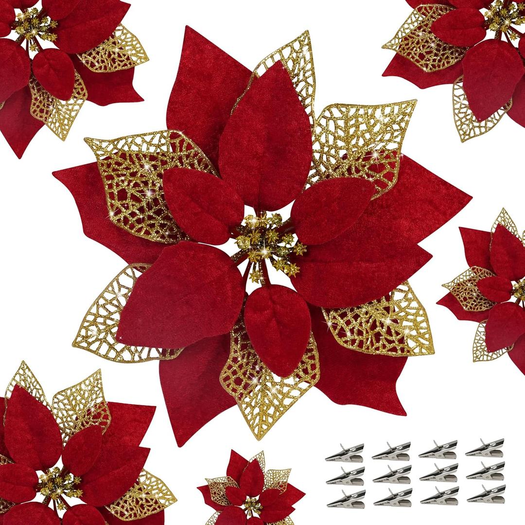 Childom 12 PCS Poinsettia Flower Artificial Poinsettia Christmas Decoration 8.7'' Dark Red Glitter Poinsettias Christmas Ornaments Xmas Tree Flower Decor with Clips DIY Xmas Wreath Home Party Decor