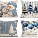 BEWQ Blue Chritstmas Pillow Covers 18X18 inch Set of 4, Chritstmas Tree Snowman Outdoor Throw Pillow Cases Decorative Cushion Covers for Home Couch Sofa Car Winter Decor