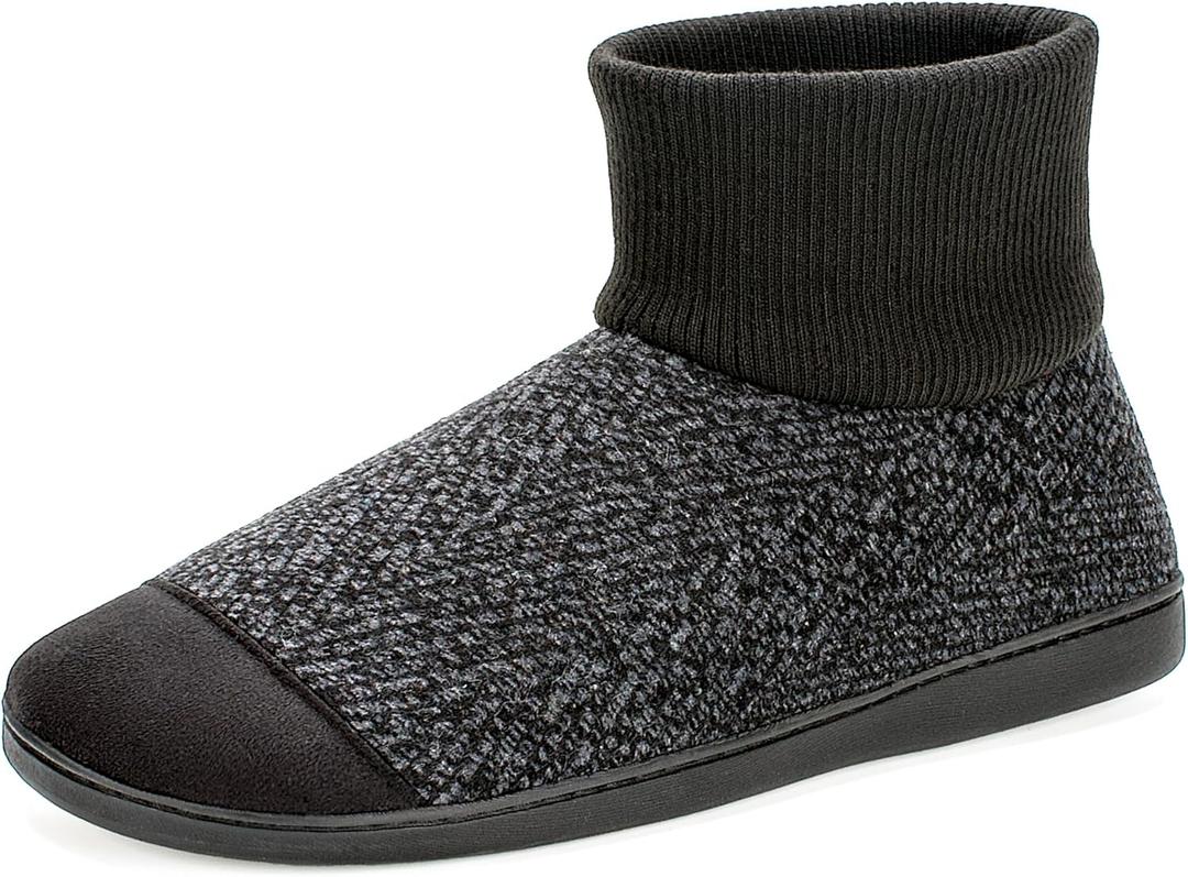 Cozylook Men's Slippers with Knitted Cuff Cozy Memory Foam Non-slip Indoor Outdoor Slipper Socks with Rubber Sole Black Size 8-9