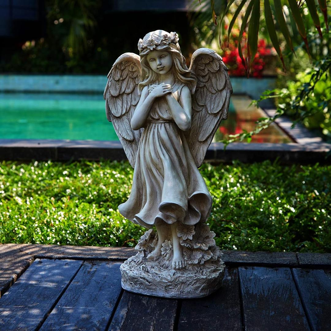 Garden Angel Figurines, Light Up Praying Angel Statues Outdoor Statue with Solar LED Lights for Patio, Lawn, Cemetery Grave Decoration, Sympathy Gift, 16.9" H