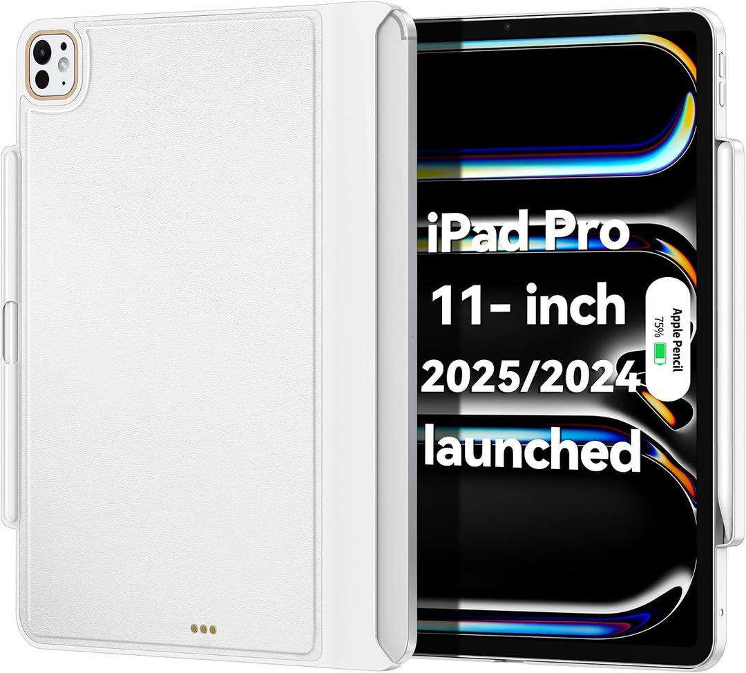 Magic-Keyboard Compatible Case for iPad Pro 11 inch M4/ M5 2024/ 2025, Cover with Apple Pencil Holder for Smart MagicKeyboard Folio Slim Durability, with Durable Leather, (Keyboard Not Included), White