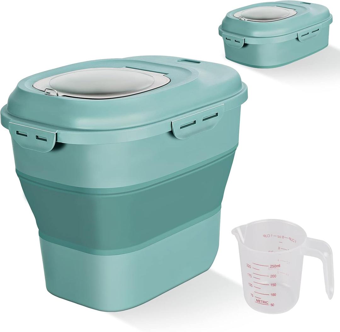 Cereal Rice Food Storage Containers, Collapsible 20 to 50 Lbs Dispenser Bin with Rolling Wheel Airtight Locking Lid, Dog Pet Cat Flour Sugar Plastic Leakproof Sealable Large Kitchen Pantry Holder (Green)