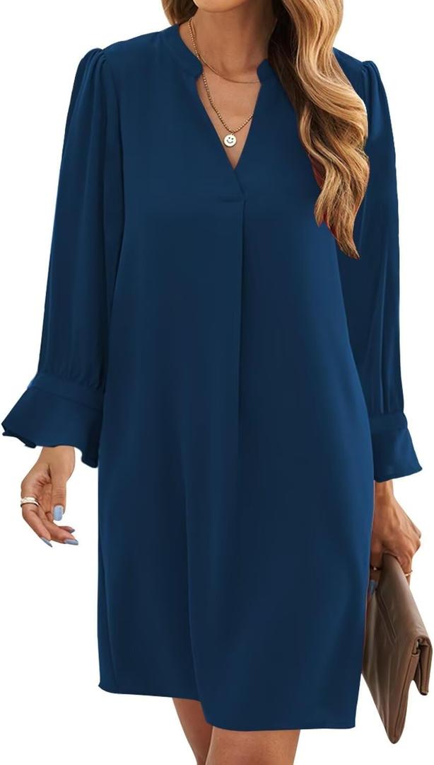 Wkior Elegant Dresses for Women V Neck Long Sleeves Casual Solid Color Blue Dress XL