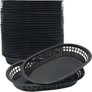 40 Pack Fast Food Baskets, Reusable Deli Fast Food Storage Basket, 10.5 x 7 Inch Black Plastic Baskets, Foods Service Tray Holde for Easter, Fruit, Hot Dogs, Burgers, Fries, Snacks,Picnic