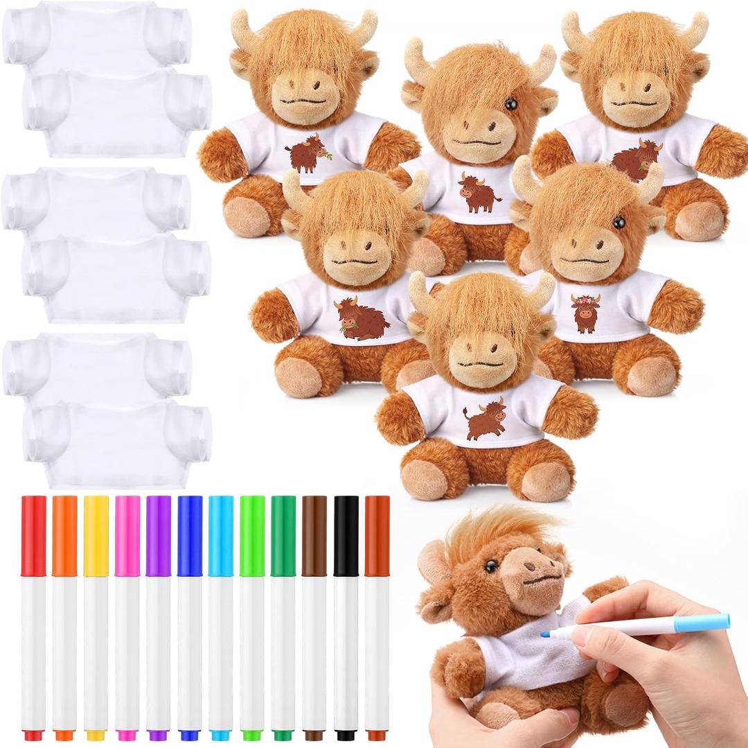 24 Pcs Make Your Own Stuffed Animal Highland Cow Kit Including 6 Inches Soft Cow Plush with White T Shirt and 12 Colors Pens for Birthday Favors Forest DIY Crafting Gifts