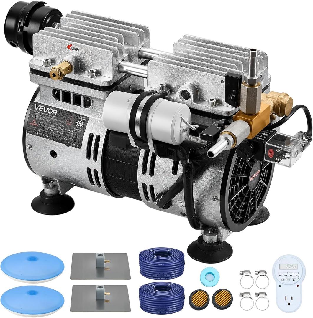 VEVOR Pond Aerator, 5.2CFM Aeration System for Lakes up to 3 Acres, 3/4 HP Air Compressor, 2 Diffusers & Two 100' Weighted Tubings, Outdoor Pond Aeration Pump for Deep Water Oxygen Circulation