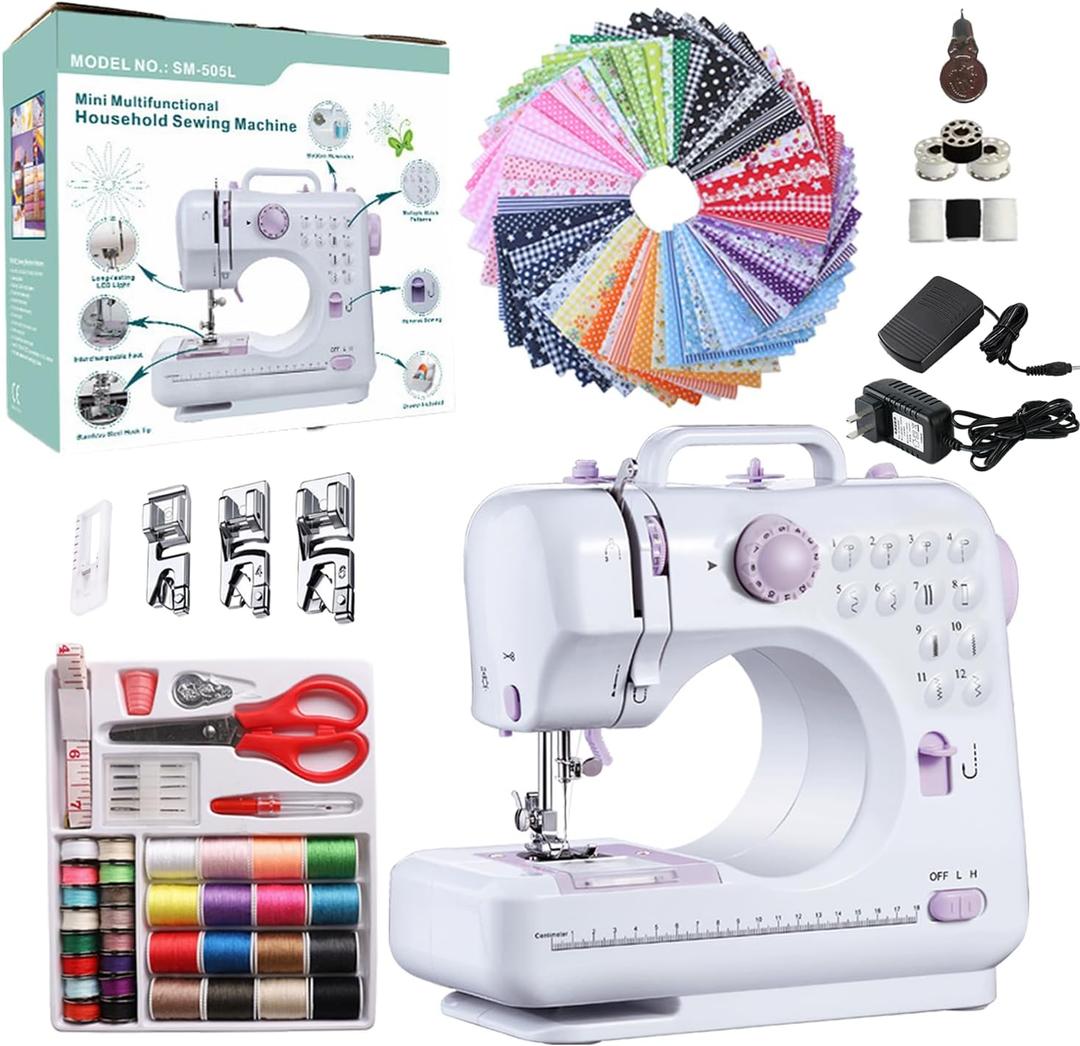 Sewing Machine for Beginners, Portable Mini Small Sewing Machine with 50 Pcs Fabric and 32 Pcs Sewing Threads Kit, 12 Built-in Stitches 2 Speed with Foot Pedal (Purple)