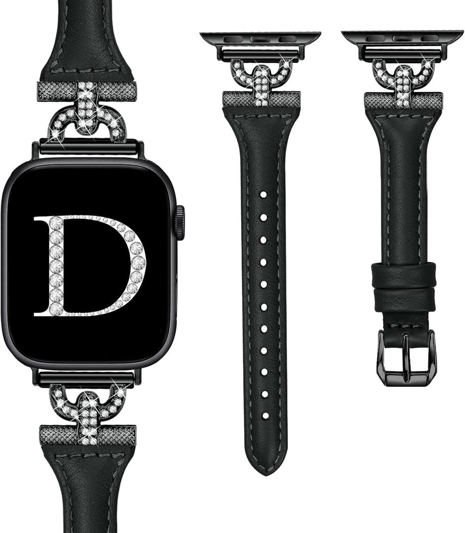 OULUCCI Slim Leather Bands Compatible with Apple Watch Band For women 40mm 41mm 38mm 44mm 45mm 49mm 42mm 46mm, D-Shape Diamonds For iWatch Women Bands Series 10 9 8 SE 7 6 5 Ultra 4 3 2 1 (Black/Black)