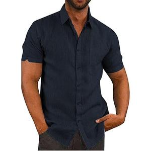 JEKAOYI Button Down Short Sleeve Linen Shirts for Men Summer Casual Cotton Spread Collar Beach Shirts
 Size XS Blue