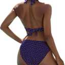 Women's Mid Rise Bikini Suit Halter Neck V Tie Push Up Front Classic Polka Dot Two Swimsuit (Blue, XL)