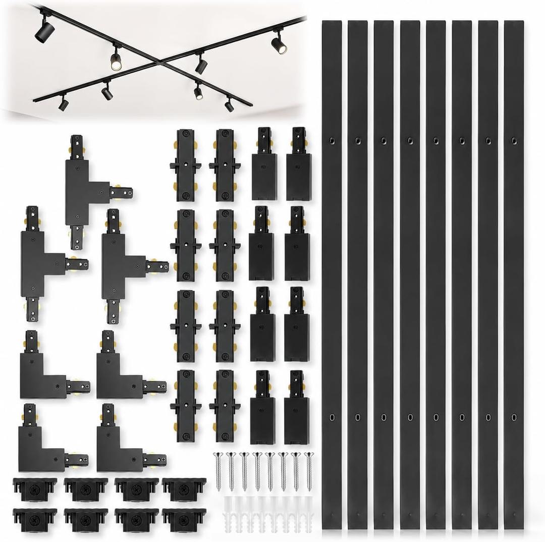 26FT Black H Track Lighting Rails, Complete H Style Track Lighting Kit 3 Wire with End Caps, Live End Feeds, T and L Connectors for Single Circuit H Style Track System