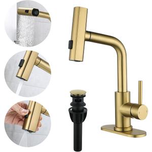 TRIPHIL Waterfall Bathroom Faucets with 3 Mode Pull Down Sprayer,Single Handle Modern Bath Sink Faucet with Pop Up Drain and Deck Plate,Brusehd Gold 1 Hole RV, Bar,Restroom,Lavatory,Vanity Tap