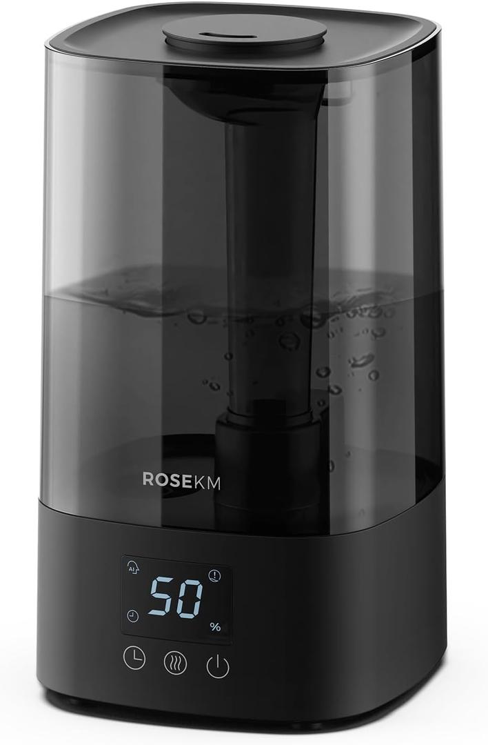 ROSEKM Automatic Humidifiers for Bedroom Large Room, 4.5L Cool Mist Humidifier for Home & Plant with Timer & Humidity Sensor, Last Up to 18H on High Setting, Auto Shut-Off, 360 Nozzle (Black)