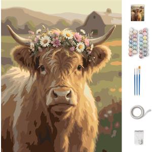 CT SUN Paint by Numbers for Adults - Rustic Farmhouse & Country Home Decor - DIY Painting Kits on Canvas - Highland Cow, Vintage Barn, Tractor & Scenery - Relaxing Hobby - 16"x20" (Highland Cow)