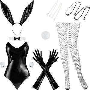 9 Pcs Bunny Outfit for Girl Halloween Tails Bodysuit Stockings Rabbit Costume Set for Women Party Bunny Suit (Large)