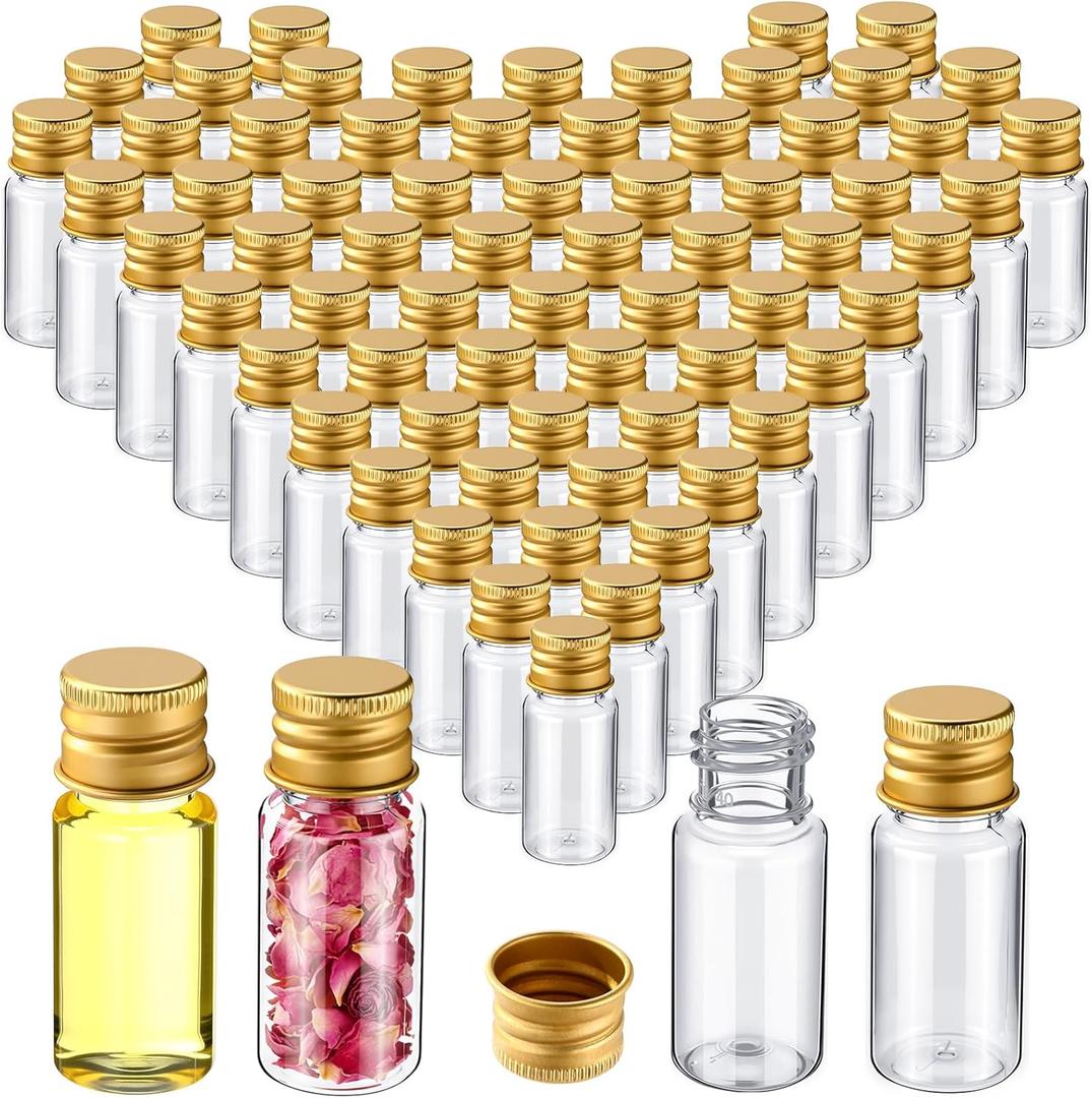 200 Pcs 10ml Mini Plastic Bottles Vials Tiny Jar with Aluminum Screw Lid Cap Clear Plastic Sample Container with Sealed Top Metal Lid for Cosmetic Essential Oil Specimen DIY Craft (Gold)