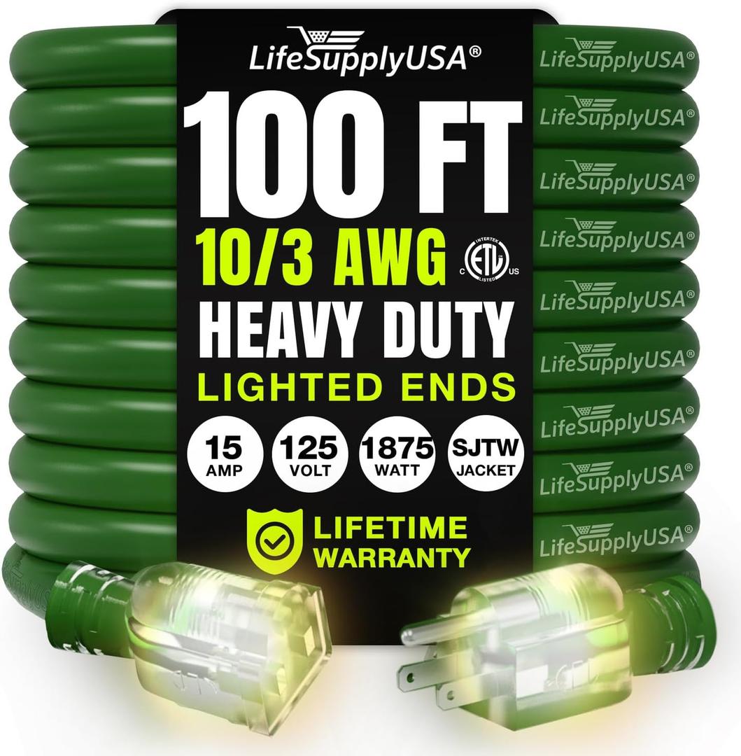 100ft Outdoor/Indoor Extension Cord 10/3 Gauge Ultra Heavy Duty 3 Prong SJTW, Waterproof, ETL Listed, Flexible Cold-Resistant Long Power Cord,15A 125V 1875W, Green by LifeSupply USA