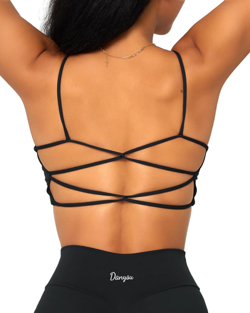 Danysu Womens Backless Sports Bra Open Back Workout Top Light Support Strappy Sport Bra Cute Gym Clothes Crisscross Black S