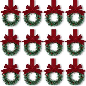 Retrowavy 12 Pcs Christmas Kitchen Cabinet Wreaths with Ribbon 3.94 Inch Mini Christmas Wreath Small Kitchen Xmas Decor for Window Door(Burgundy Red, Classic Style)
