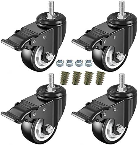 DICASAL 3 Inch Stem Casters Swivel Stem Mount Industrial Castors with Imperial Size Thread 3/8"-16x1 Safety Dual Locking Wheels PU Foam No Noise Wheel for Workbench Furniture DIY Carts