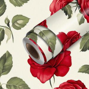 Red Rose Wallpaper Peel and Stick Vintage Floral Contact Paper Wall Paper Stick 17.7" x 118.1" Self Adhesive Vinyl Wall Covering for Bedroom Wedding Backdrop Decor