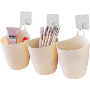 3 Pack Wall Toothbrush Holder for Bathroom Shower Organizer Hanging Cup Holder for Tooth Brush,Electric Toothbrush,Toothpaste,Razor,Makeup Brush,Pen,Adhesive Bucket Wall Organizer (Apricot Color)