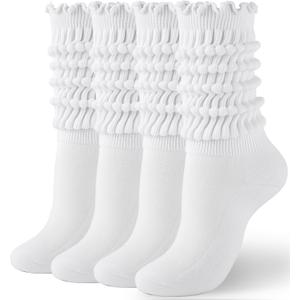 HONGTEYA Ruffle Socks for Women Cotton Slouchy Knee High Calf Crew Socks for Boot Sneakers Workout (Size 5-11, 2pairs White)