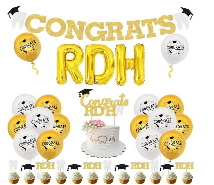 Dentist Graduation Party Decor Congrats RDH Dental Hygiene Graduation Decor 2026 Congrats RDH Cake Toppers Glitter Banner RDH Balloon Banner for Medical School Healthcare Party