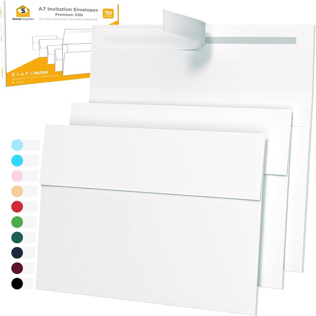 5x7 Envelopes for Invitations - 110 White Envelopes for 5x7 Cards - A7 - (5  x 7  inches) - Perfect for Weddings, Graduation, Baby Shower - 120 GSM - Peel, Press & Self Seal - Square Flap (110 - Single Pack)