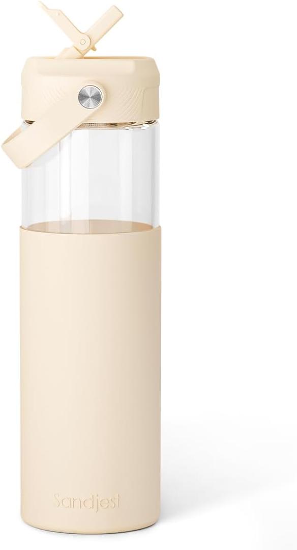 SANDJEST Glass Water Bottle with Silicone Sleeve and Straw Lid 20oz for Girls Women, Glass Drinking Bottles for Travel Home Gym Sports (Buttermilk)