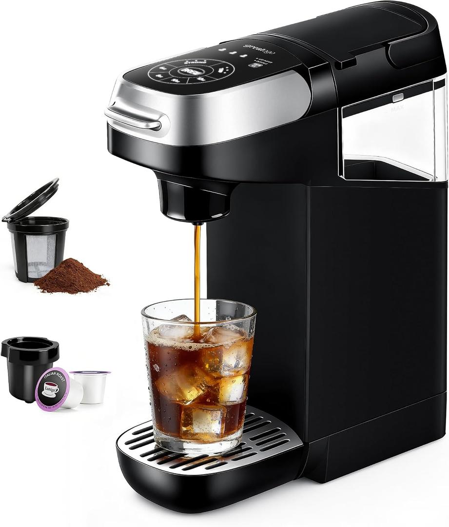 Small Single Serve Coffee Maker for K Cup and Ground Coffee, Fast Brew One Cup Coffee, 6 to 12 oz. Brew Sizes, Machine with Descaling Reminder and Water Window, Black
