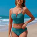 ZAFUL Womens Bandeau Bikini Set Strapless Textured Two Piece Lace up Bathing Suits High Waisted V-Neck Swimsuits (Blue)