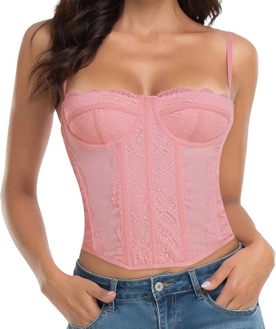 Lace Bustier Corset Tops for Women - Sexy Going Out Party Club Top with Buckle (Pink)