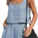 YMING Womens Summer 2 Piece Outfits Linen Set Square Neck Sleeveless Crop Tank Top and Shorts Sets Plus Size Light Blue M (Blue, M)