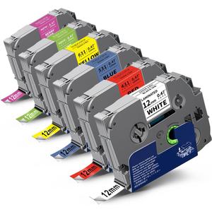 6-Pack 12mm 0.47" Multi-Color Label Tape Compatible for Brother Tze431 Tze531 Tze631 Tze MQG35 MQP35 P Touch Tze Tz Tape 12mm 0.47" Laminated White for PTH110 PTD220 PTD210 PTD400 PTD610BT (Black on White/Red/Blue/Yellow/White on Berry Pink/Lime Green)