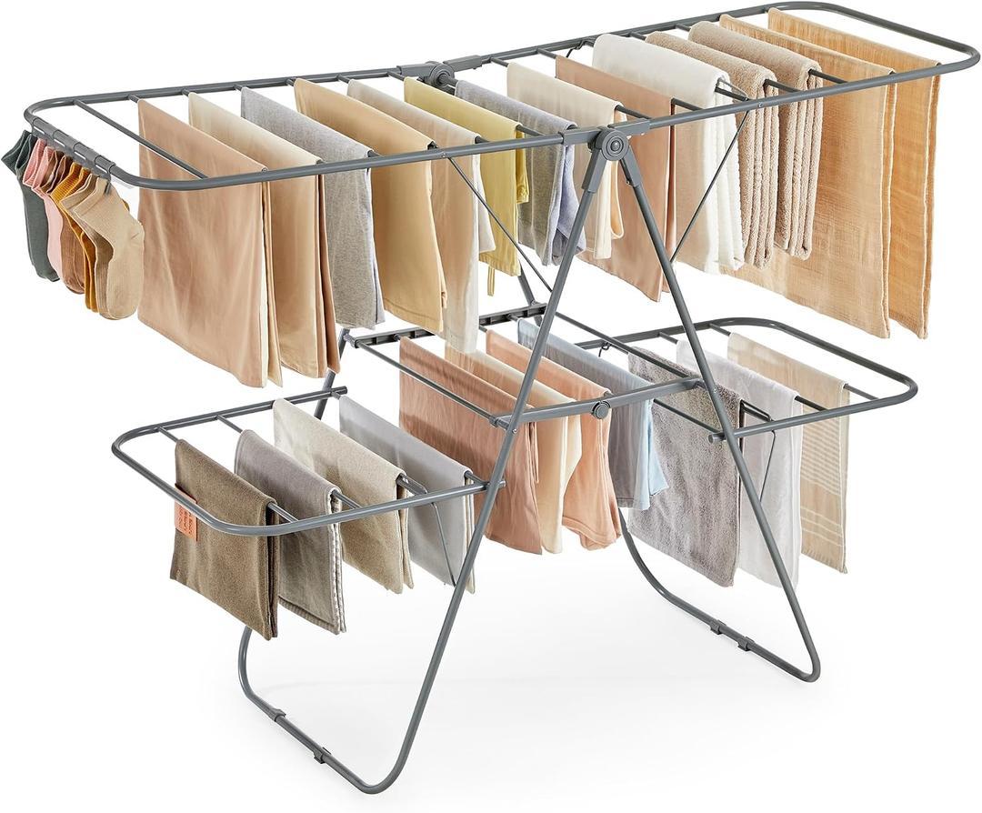 SONGMICS Clothes Drying Rack, Foldable 2-Level Laundry Drying Rack, Free-Standing Laundry Airer, with Height-Adjustable Wings, 33 Drying Rails, Sock Clips, Gray ULLR053G02V1, 2 Tiers22"d x 61.8"w x 64.3''h )