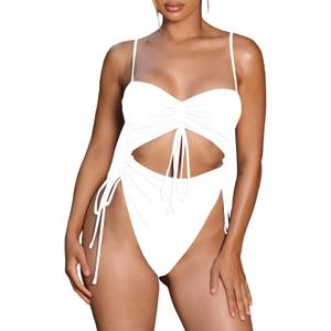 Viottiset Women's Cut Out Drawstring One Piece Swimsuit Cheeky High Cut Bathing Suit (White), Small