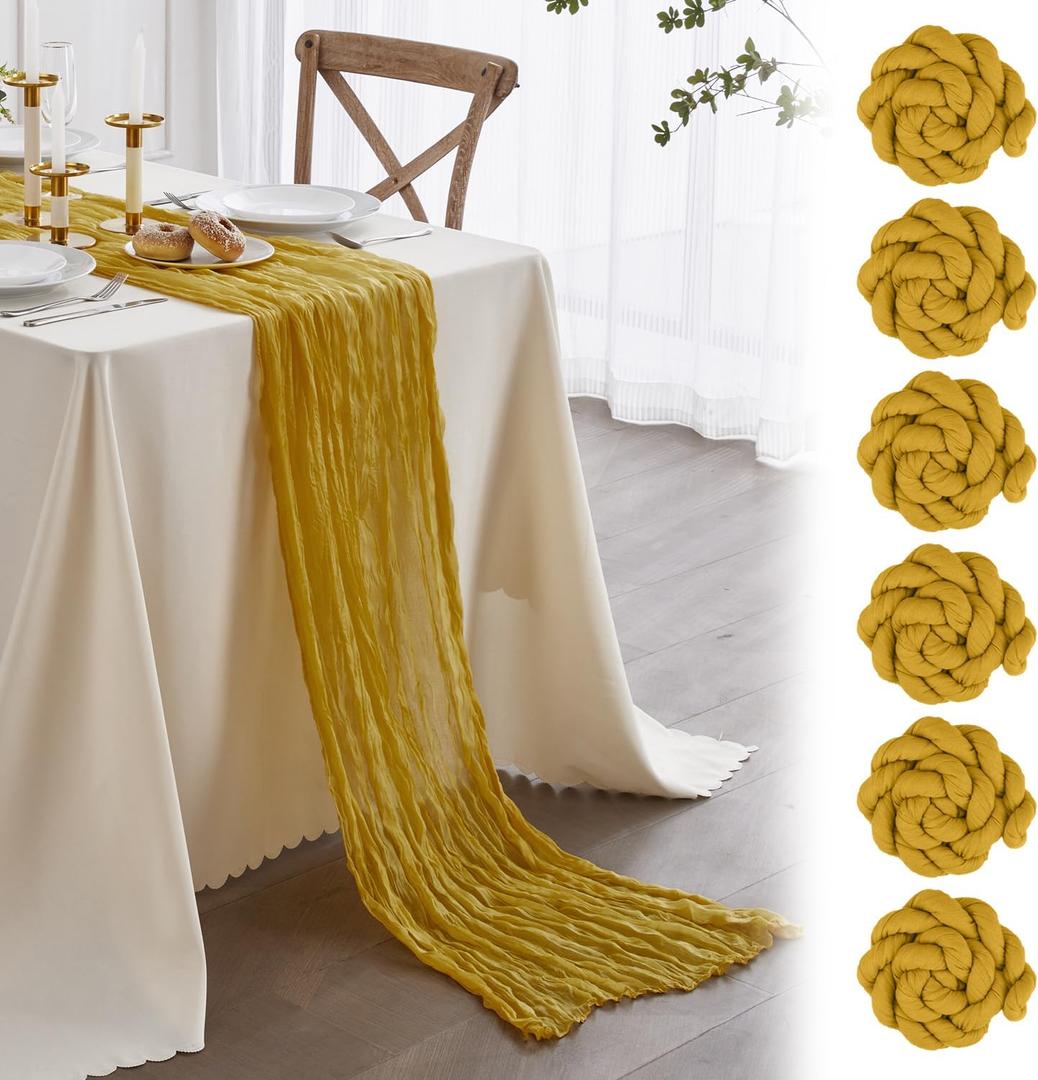 Niallant 6 Pack Mustard Yellow Cheesecloth Table Runner - 120 Inches, Rustic Gauze Table Runner for Dining, Home Decor, Wedding, Baby Shower, Bridal Decoration