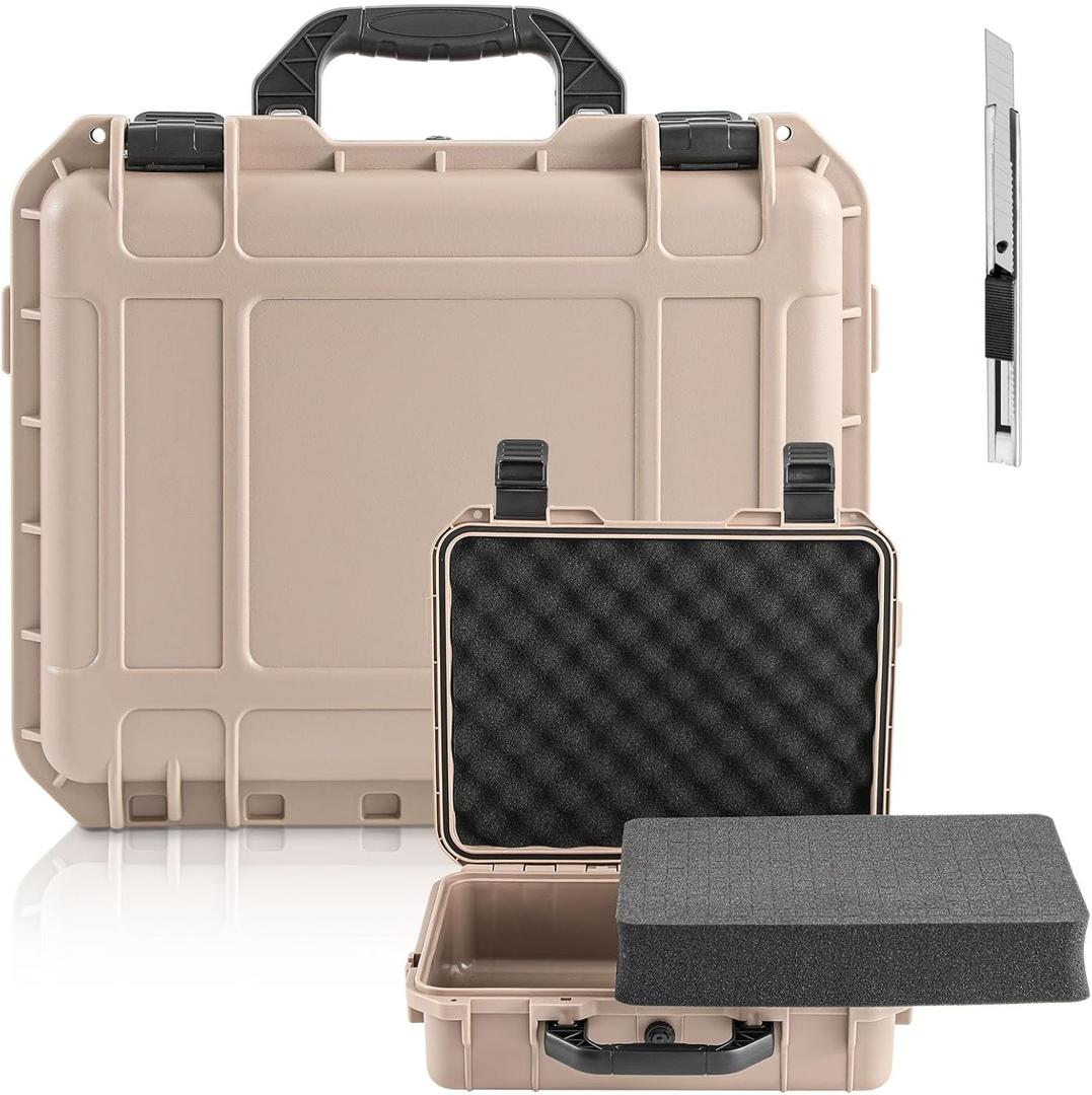1 Pcs 14.3 x 11.4 x 4.5 Inch Waterproof Hard Case with DIY Customizable Foam Insert Portable Protective Case with Knife for Camera Drones Equipments Tools Test Instruments (Tan)