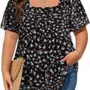Amrto Plus Size Tops for Women Chiffon Blouses Square Neck Short Sleeve Fall Summer Business Casual Trendy (Black, XXL)