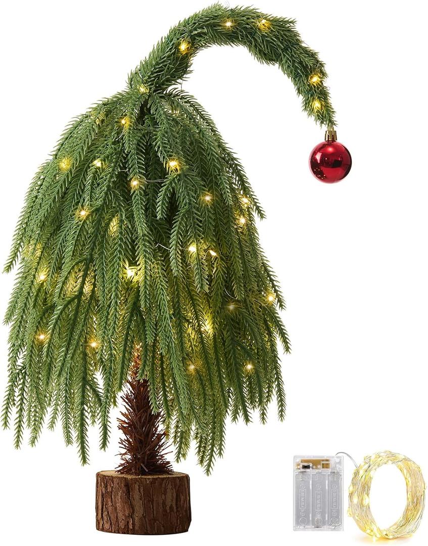 Tabletop Artificial Christmas Tree with Wooden Base-18Inch Real Touch Norfolk Pine Christmas Tree Small with Red Bauble,Table Top Xmas Tree for Home Office Party Holiday DIY Desk Decor