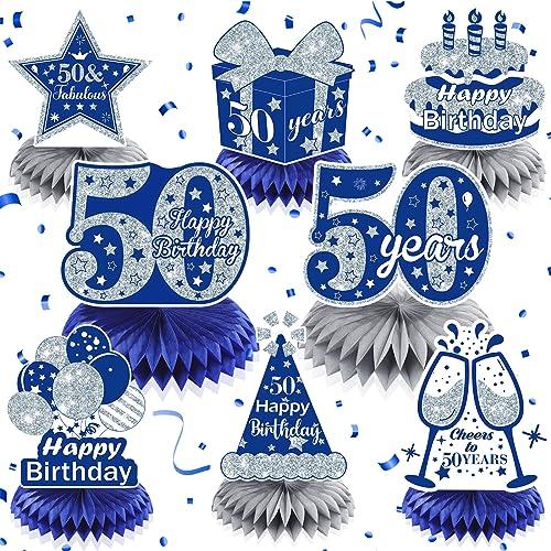 8Pcs Blue 50th Birthday Decorations Navy Blue Silver Happy 50th Birthday Table Honeycomb Centerpieces for Table Decor 50th Birthday Table Topper for Men Women 50th Birthday Anniversary Party Supplies