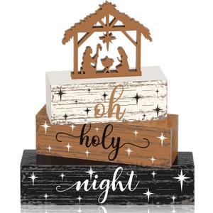 Geelin 4 Pieces Christmas Nativity Scene Table Decorations Xmas Wooden Silent Night Block Signs Holy Night Tabletop Centerpieces Farmhouse Tiered Tray Decor for Home Table Kitchen Shelf