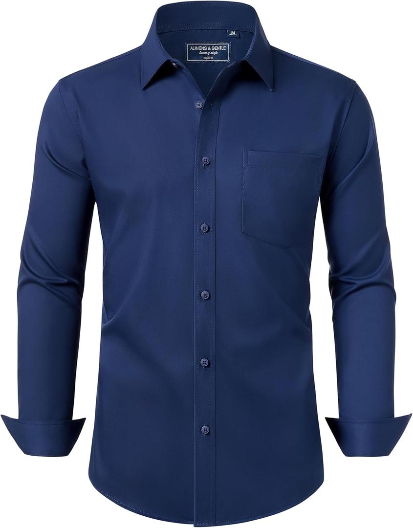 Alimens & Gentle Mens Dress Shirts Long Sleeve Wrinkle Free Stretch Cotton Big Tall Button Down Shirts (Medium, Navy Blue)