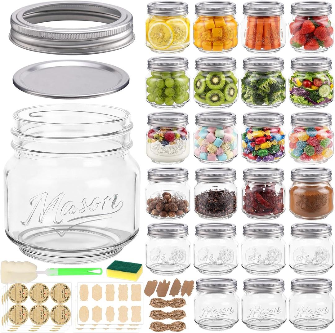 24 Pack 8 oz Mason Jars with Lids, Half Pint Canning Jars with Embossed Fruit Pattern, Small Glass Jars for Storing, Pickling, Jam, Overnight Oats, Wedding & Party Favors, Candle Making and DIY Crafts